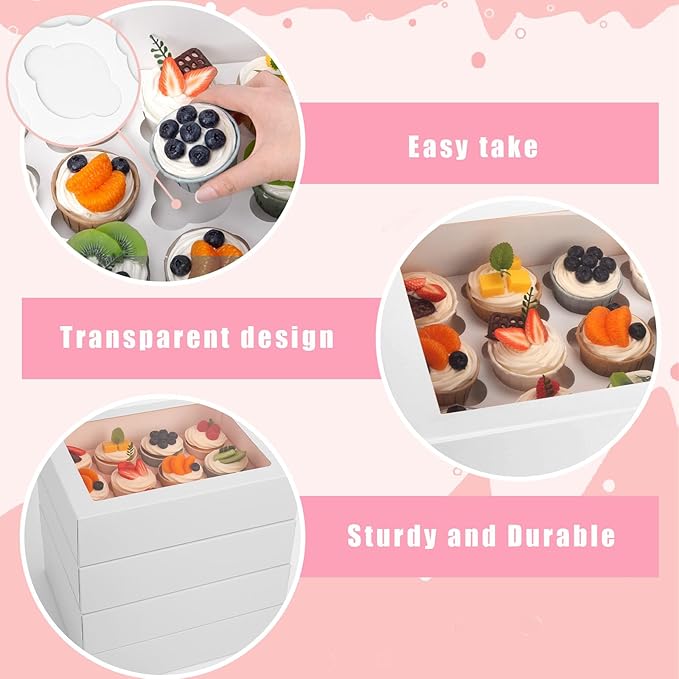 VGOODALL 12 Count Cupcake Boxes, 12PCS Cupcake Holder with Window White Pastry Boxes for Birthday Holiday Party Bakery Supplies