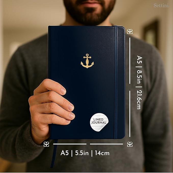 SETTINI Lined Journal, Ideal for Journaling - A5 Vegan Leather Notebook, 192 Archival-Quality Pages, QuillEase Bleed-Free Paper, Inner Pocket & Bookmark - US Navy Gifts, Navy Anchor