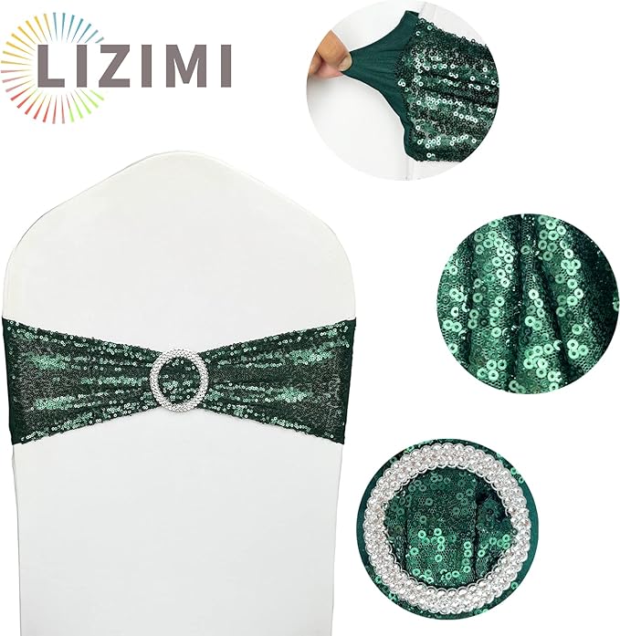 Chair Sashes Sequin Stretch Chair Bands Dark Green Spandex Polyester Bows for Party Hotel Wedding Banquets Decoration - 6 Pcs Hunter Emerald Green