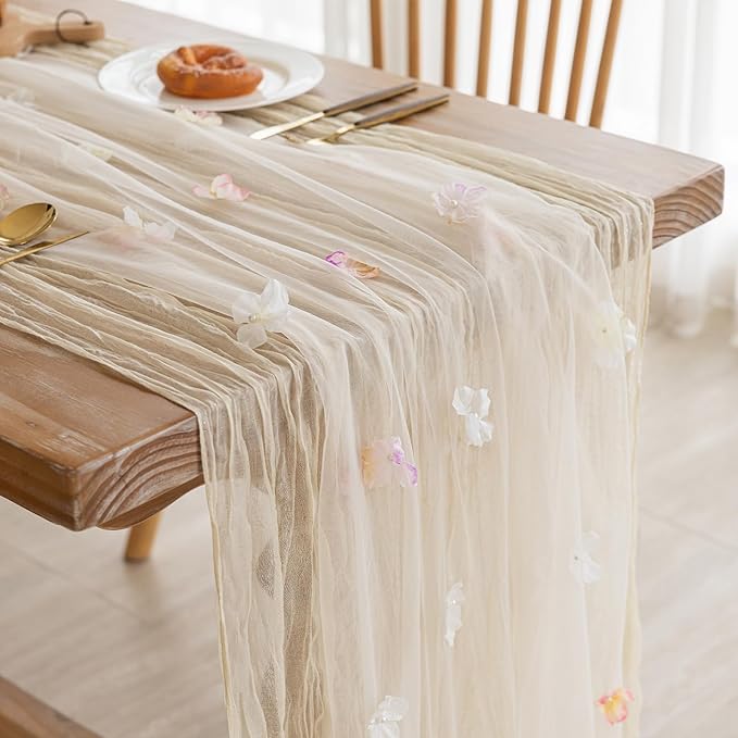 Romantic Artificial Floral Table Runner 10ft Gauze Tulle Lace Table Runner Set for Wedding Baby Shower Bridal Shower Holiday Kitchen Dining Table Decoration for Home Party Special Occasion
