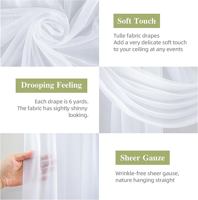 Wedding Arch Draping Fabric, 1 Panel 28" x 19Ft White Drapes Sheer Backdrop Curtain for Wedding Ceremony Party Ceiling Decor