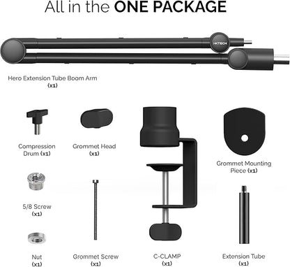 IXTECH Boom Arm Mic Stand with Extension Tube Upgraded Microphone Arm for Shure SM7B MV7 Blue Yeti Sturdy Stainless Steel Mic Arm Desk Stand Foldable Scissor Arm Microphone Mount for Podcast Gaming