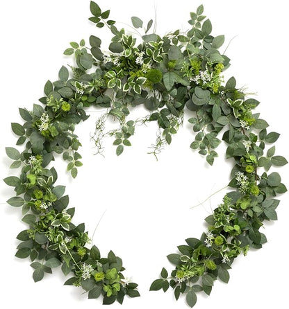 Ling's Moment Flower Garland - 6FT Eucalyptus & Rose - Sweetheart Table Decor for Wedding Reception, Artificial Floral Garland for Mantle, Spring Garden Ceremony, Christmas Decoration, Ivory White