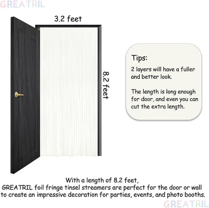 White Party Streamers Decoration - GREATRIL Foil Fringe Backdrop for Daisy Groovy Birthdays/Anniversary/Graduations/Bridal Shower/Cocktail/Prom/Gala - 3.2ft X 8.2ft - 2 Packs
