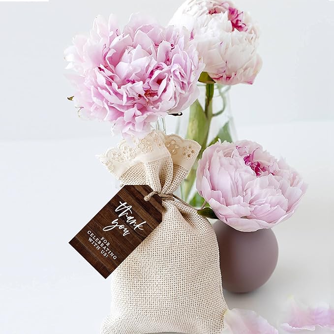 Andaz Press 100-Pack Thank You for Celebrating with Us Favor Tags Rustic Wood Cardstock Gift Tags with Bakers Twine for Wedding Baby Shower Bridal Shower Birthday Holiday Party Favors 2 x 3.75-Inches