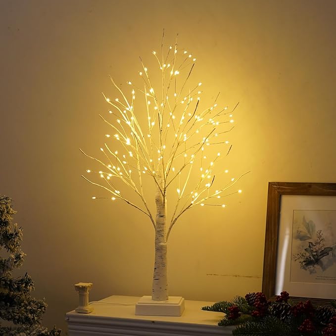 2 Pack 144 LED Artificial Tree Lamp with Timer, DIY Birch Tree with LED Lights, Lighted up Tree Lamp USB/Battery Powered, Fairy Light Spirit Tree for Table Home Bedroom Christmas (Warm White)