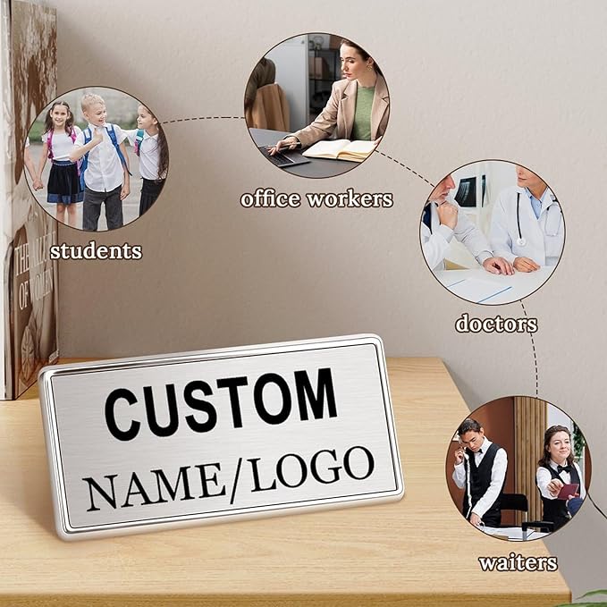 Custom Name Tags ID Badges with Logo Name Personalized Name Badges Custom Name Tag ID Badges with Pin Backing Customizable Name Badges for Business Offices Stores Restaurant, 1.5x2.8 in, 2PCS