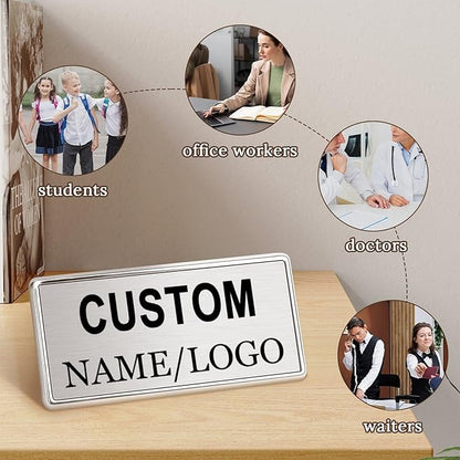Custom Name Tags ID Badges with Logo Name Personalized Name Badges Custom Name Tag ID Badge with Pin Backing Customizable Name Tag for Business Offices Stores Restaurant, 1.5x2.8 in, 5PCS