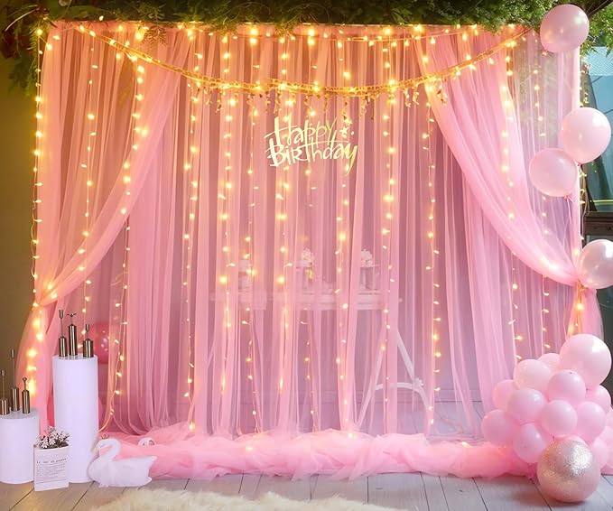 Pink Backdrop Curtains with Lights String for Baby Shower Girl Parties Sheer Tulle Backdrop Curtain Panels for Birthday Party Bridal Shower Photo Shoot Background Decorations 10×10ft (2 Panels 5×10ft)