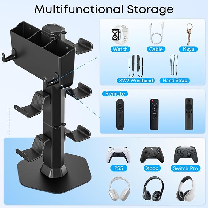Controller Holder with Remote Control Storage Box, Headset and Controller Stand for Desk, Headphone Stand with Two Hooks for Watch Cable Key Chain, Gaming Accessories for P5/P4/Xbox/Switch