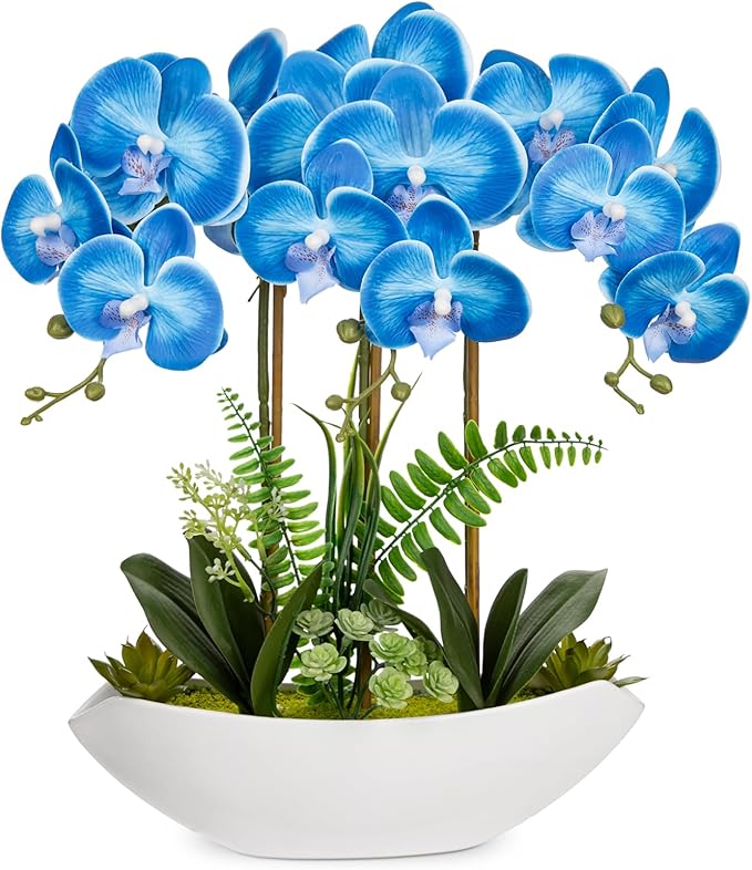 Briful Blue Orchid Artificial Flowers 18in Fake Orchid Silk Flowers with Ceramic Pot Faux Orchid Arrangement for Home Office Room Coffee Table Shelf Modern Decoration