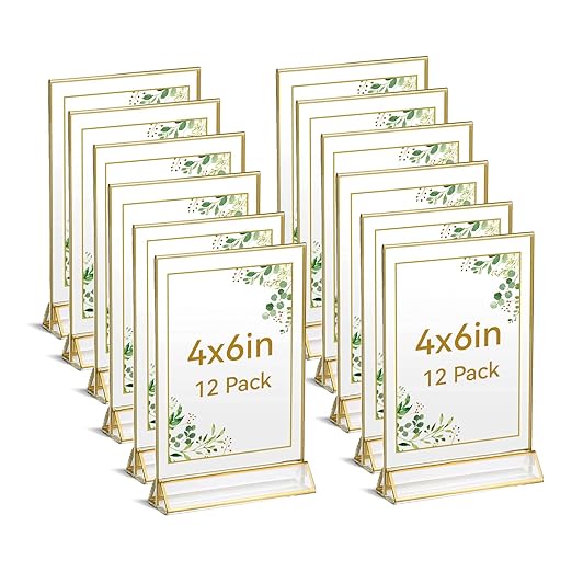 UNIQOOO Acrylic Sign Holders with Golden Border, Portrait View, Pack of 12 | 4x6 Inches Double Sided Clear Frame, Perfect for Wedding Reception, Centerpiece, Decoration, Party,Anniversary, Event
