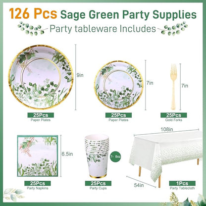 Sage Green Party Decoration, 126PCS Sage-Green Plates and Napkins Party Supplies, Spring Greenery Eucalyptus Leaves Disposable Dinnerware Decor for Wedding Birthday Baby Shower