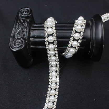 PEARLY JUN 1 Yard Pearl Rhinestone Trim Chain Silver Crystal Fringe Diamond Applique Ribbon String Tassel Strip (Silver-150, 2 Yards)