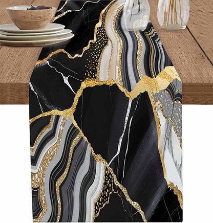 Geometric Black Marble Cotton Linen Table Runner for Dining Kitchen, Wedding Outdoor Party Tablerunners Decoration, Farm Marble Liquid Ripple Abstract Dresser Scarf Coffee Tablecloth Runners 13''x36''