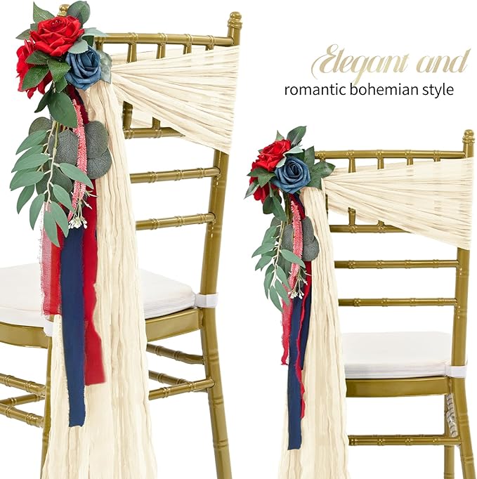 50 PCS Cheesecloth Chair Sashes Bows Wedding Aisle Decorations Chair Ribbon Ties Back Sash for Wedding Party Events Banquet Chair Cover Decoration (Ivory)