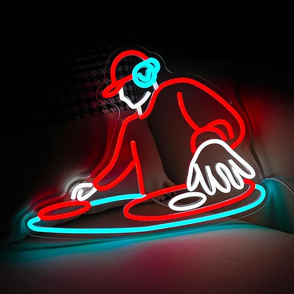 DJ Player Neon Sign Bar Neon Light Wall Decor 16.5 * 12.6 Inch LED DJ Light Up Sign for Bar Club Live Music Concert Bedroom Party Neon Decor (USB Dimmable)
