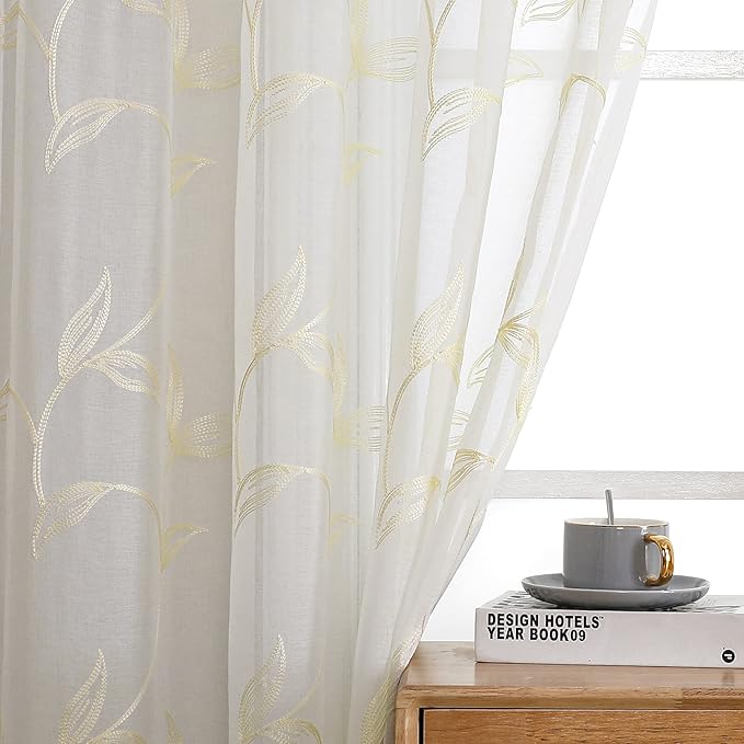VISIONTEX White Sheer Voile Curtains, Decorative Leaves Embroidery Faux Linen Rod Pocket Window Drapes for Home Kitchen, Living Room and Bedroom 26 x 36 Inch, Set of 2 Curtain Panels
