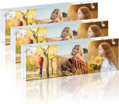 3 Pack 2x6 Acrylic Picture Frames - 20% Thicker Double Sided Magnetic Frame with UV Protection - Freestanding Clear Frameless Display for Tabletops - Modern Photo Frame Set for Home & Office Decor