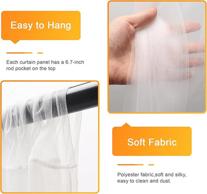Fomcet Ivory Tulle Backdrop Curtains with Lights String 10FT X 10FT Sheer Curtain with Lights Tulle Curtains Backdrop for Wedding Birthday Party Photo Shoot (2 Panels 5x10FT)