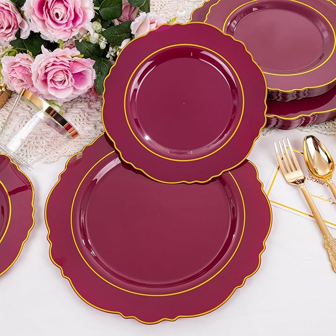 Liacere 350PCS Red Plastic Plates-Disposable Burgundy Red and Gold Plates 50guest Baroque Plastic Dinnerware include 100Plates, 50Pack Pre Rolled Napkins with Silverware 50Cups for Girlfriends' Day