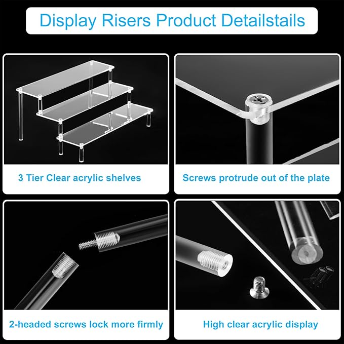 Large Acrylic Display Risers, Perfume Stand Organizer, Clear Acrylic Shelf Risers for Display Stands for Food, Tabletop Use, Amiibo Funko POP Figure, 3 Tier Clear Cupcake Stand Risers