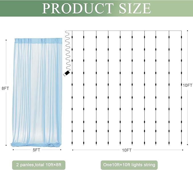 Tulle Backdrop Curtain with Lights String 10FT X 8FT Baby Blue Sheer Tulle Backdrop Curtains for Wedding Birthday Party Reception Photo Booth Background Decorations (2 Panels 5x8FT)