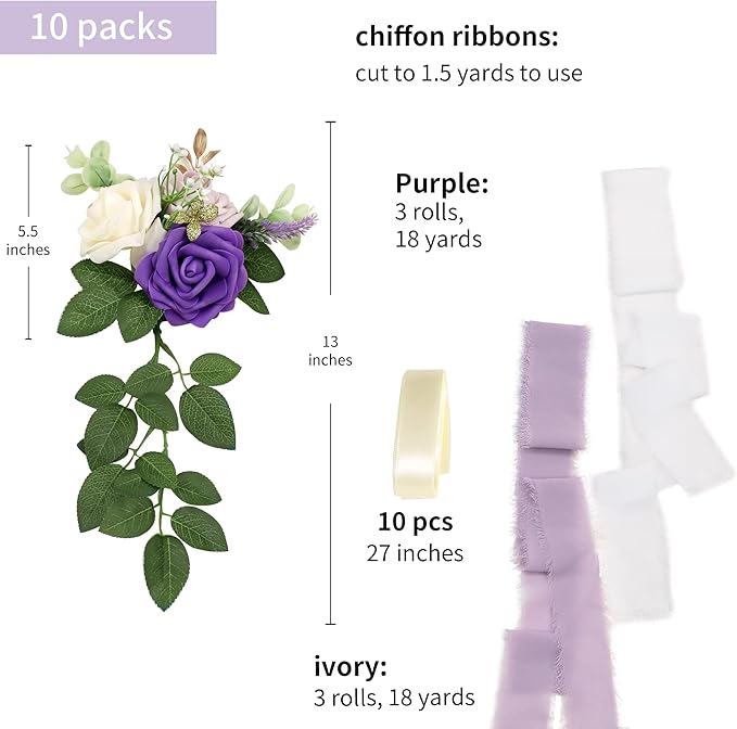 Wedding Aisle Decorations for Wedding Ceremony Set of 10 Pew Flowers for Church Chair Decorations Party Decor with Artificial Flowers Eucalyptus and Ribbons Purple
