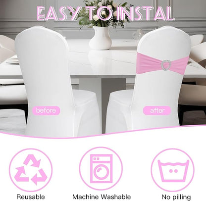 100PCS Spandex Stretch Chair Sashes Bows Universal Elastic Chair Cover Bands Ties with Buckle Slider for Wedding Party Birthday Reception Events Banquet Decoration(Pink)