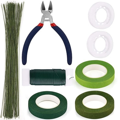 GLAMFIELDS Floral Arrangement Kit with Cutter, 5 Rolls 1/2" Wide Floral Tapes, 100 pcs 26 Gauge Floral Stem Wire, 1 Roll 22 Gauge Floral Wire for Bouquet Stem Wrapping and Floral Crafts