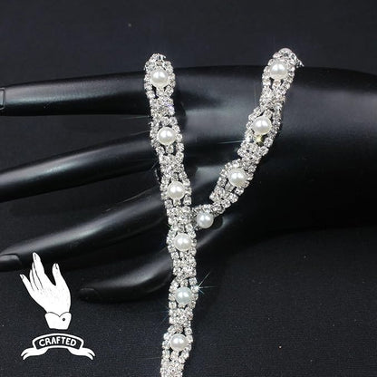 PEARLY JUN 1 Yard Pearl Rhinestone Trim Chain Silver Crystal Fringe Diamond Applique Ribbon String Tassel Strip for Sewing Wedding Dress Crafting Crafts Flower Embellishments