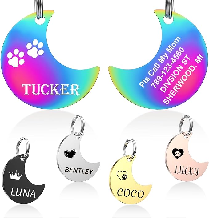 Dog Tags Engraved for Pets - YEHANTI Personalized Dog Tags with Lovely Icons, Durable Stainless Steel Pet ID Tags for Small Large Dogs Cats, Custom Dog Name Tags Engraved on Both Sides (Moon)