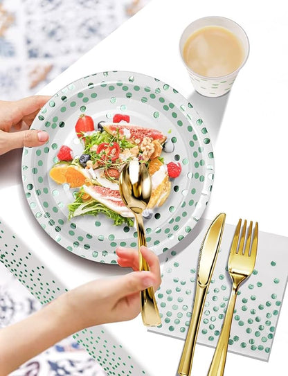 141 Pieces Green Dots Party Supplies, Party Dinnerware Sets Include Paper Plates Napkins Cups Silverware, for Wedding Bridal Shower Engagement Birthday Parties Decoration -20 Serves