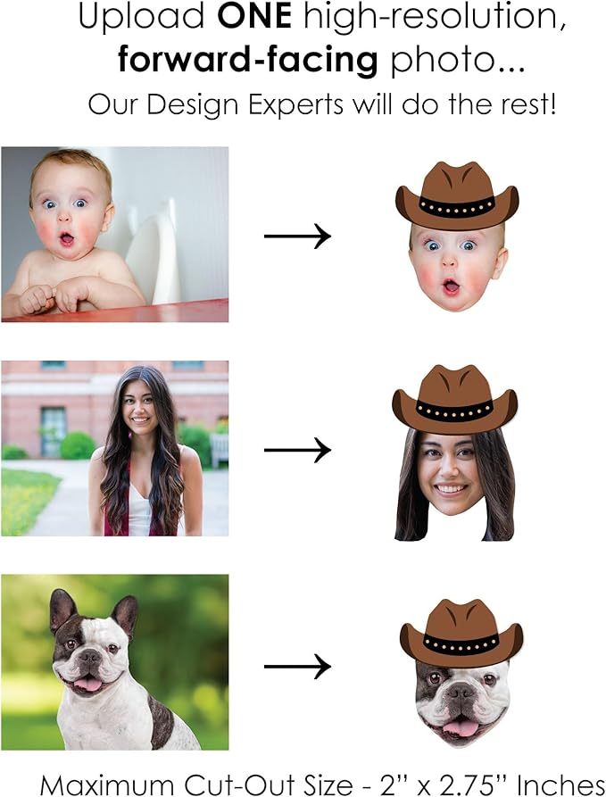 Big Dot of Happiness Custom Photo Western Hoedown - Wild West Cowboy Hat Personalized Rodeo Party DIY Shaped Fun Face Cut-Outs - 24 Count