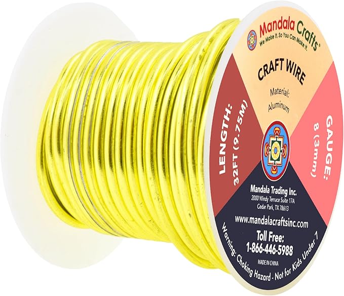 Mandala Crafts 8 Gauge Anodized Aluminum Craft Wire for Jewelry Making - 32 FT Colored Flexible Yellow Green Wire - Bendable for Bonsai Armature Crafting Sculpting