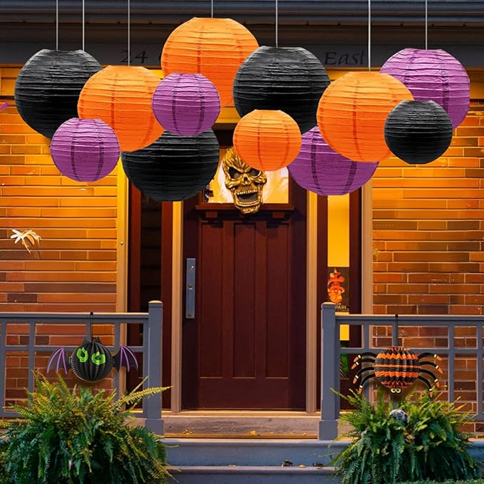 Orange Purple Black Paper Lanterns Decorative 12pcs Halloween Hanging Decorations for Graduation Thanksgiving Birthday Party Decorations