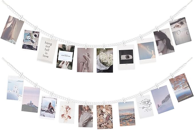 Mkono Hanging Photo Display with Clips, Boho Wooden Bead Garland Banner, Collage Card Picture Kids Art Holder String with 10 Clips for Christmas Bedroom Dorm Decor, Teen Girl Gifts, White, 2 Pack
