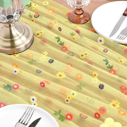 Joanlody 3pcs Yellow Embroidery Daisy Fall Thanksgiving Table Runner Florals Seasonal Tulle Table Runner Holiday Kitchen Dining Table Decoration Wedding Party