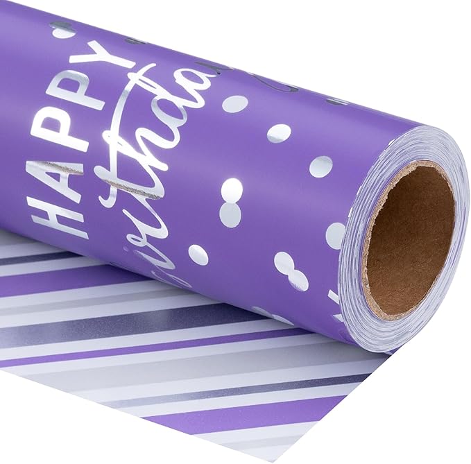 LeZakaa Purple Birthday Wrapping Paper Roll for Girls Women, Happy Birthday Lettering & Stripe Reversible, Metallic Foil, Large Roll, 30 inches x 32.8 Feet (92.9 sq.ft.)