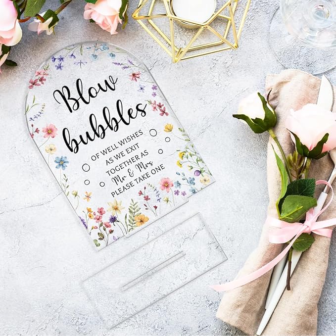 Wedding Sign Decor, Arch Acrylic 5x7 Inch, Blou Bubbles Sign Wedding Sign for Reception & Event, Bridal Shower Decorations, Wedding Table Sign Accessories for Anniversary And Party (Flower)