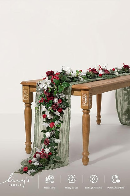 Ling's moment Eucalyptus Garland with Flowers 6FT，Table Runner with Flowers Marsala Mantle Decor Handcrafted Wedding Centerpieces for Rehearsal Dinner Bridal Shower | Red & White