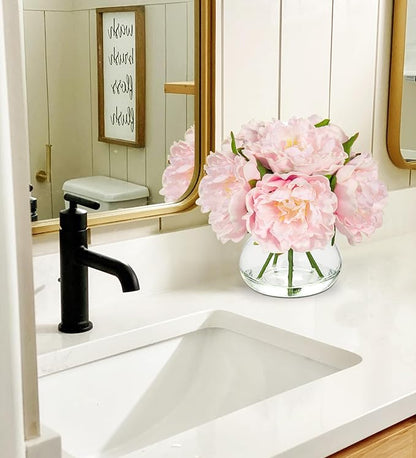 Hollyone Pink Peonies Artificial Flowers with Vase Faux Flowers Peony Fake Flowers Silk Flower Arrangements in Glass Vase with Faux Water for Home Decor Bathroom Table Centerpiece Shelf Decorations