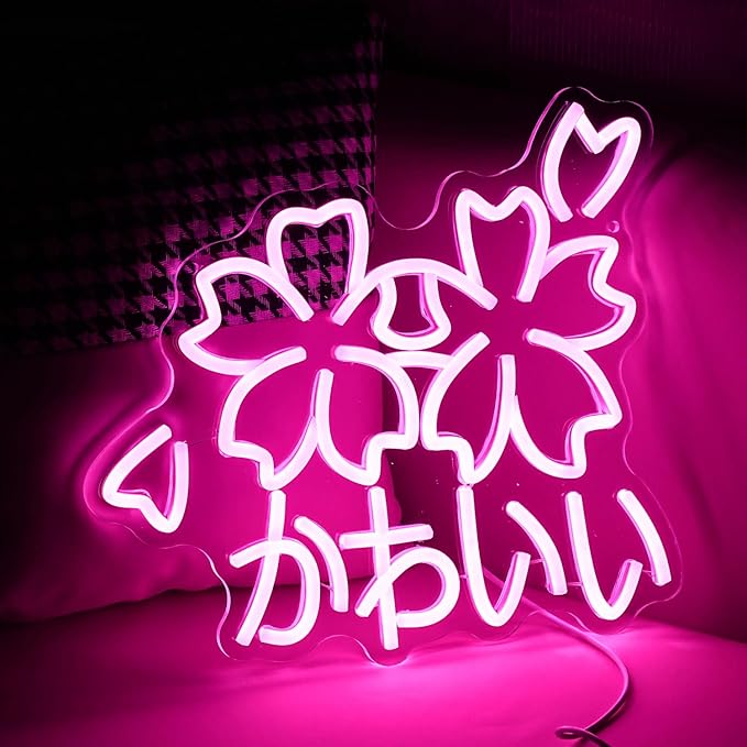 Kawaii かわいいLed Neon Light Sign Japanese Cherry Blossoms Light Up Wall Decor Sign Girls' Room Decoration Birthday Party Christmas Neon Sakura Light (Pink)