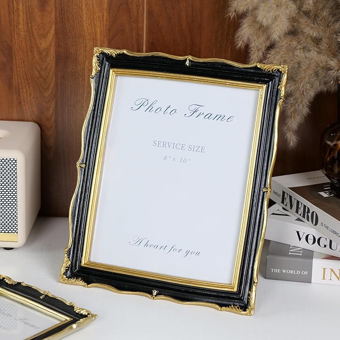 8x10 Black and Gold Picture Frame Vintage Frame, Ornate Textured Hand-Crafted Resin Photo Frames with Glass Front, 8 by 10 Decorative Picture Frame for Wall & Tabletop, Antique Frame Home Decor