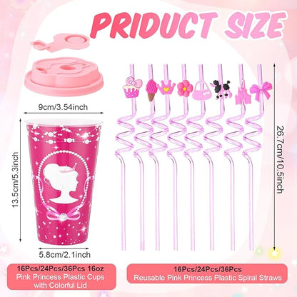 Yungyan 24 Sets Hot Pink Girl Party Favors Goodie Cups with Lids and Straws for Birthday Decorations Reusable 16oz Plastic Candy Cups Plastic Straws for Birthday Party (Pink Princess)