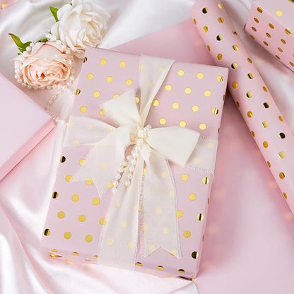 Flyhill Pink Wrapping Paper Roll,Reversible Mini Roll Gold Foil Polka Dot Gift Wrap for Birthday,Girls,Baby Shower,Wedding (17 Inch X 32.8 Feet)