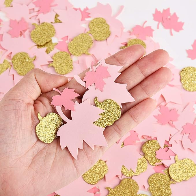 Sumind 200 Pieces Thanksgiving Pink and Gold Pumpkin Confetti Christmas Baby Shower Maple Leaf Confetti Glitter Thanksgiving Pumpkin Decorations Table Decorations for Birthday Party Supplies (Simple)