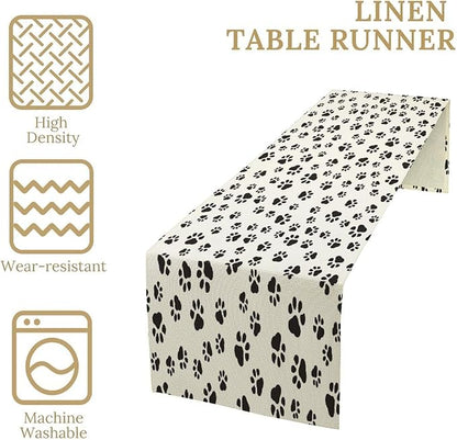 Dog Paws Table Runner,Cartoon Cute Black White Animal Footprints Abstract Tablecloth Burlap for Hotel Indoors Outdoor Dining Room Kitchen Home Decor,W13X L80 in