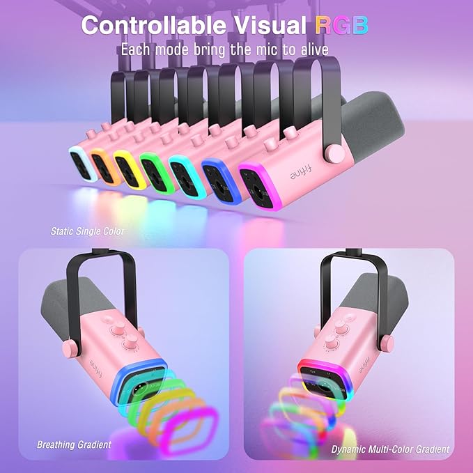 FIFINE XLR Gaming Microphone USB, PC Dynamic Microphone Kit for Vocal, Recording, Podcast, Streaming RGB Mic with Headphone Jack, Mute Button, Boom Arm Stand for Computer/Mixer-AmpliGame AM8T Pink