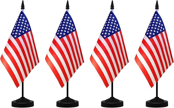 NQ American Desk Flag Set, 8.3 X 5.5 Inch Small American Flags on Stick, Mini American Flag with Stand Base, US Flag Decor for Table, Office, Home, Festival Decoration (2 Pack)